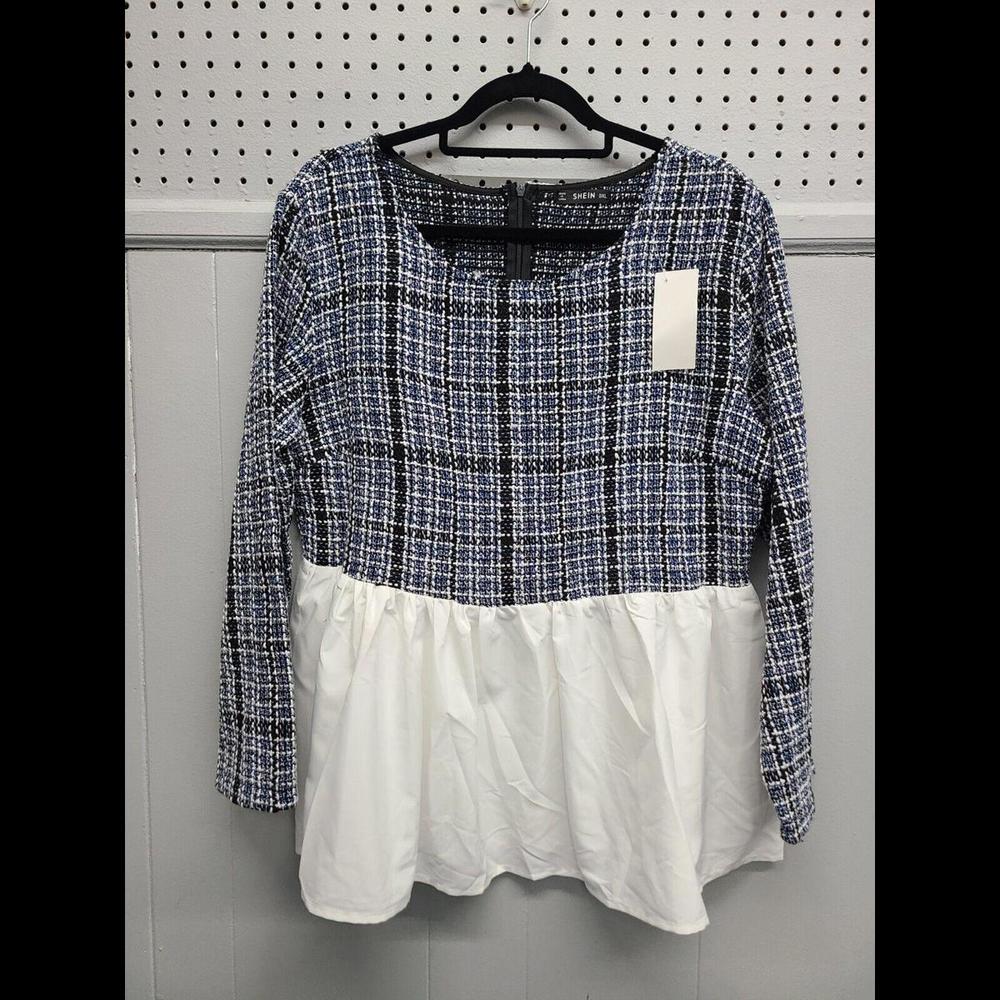 Shein Plaid Knit and Ruffle Long-Sleeved Top Women's Size 0XL (Blue/Black/White)